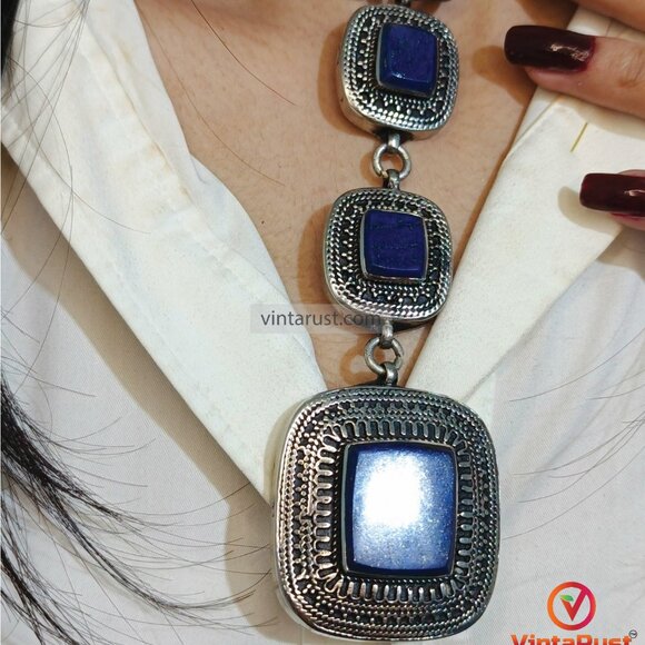 Beaded Chain Necklace with Triple Blue Square Pendants, Lapis Lazuli Stone - Picture 5 of 16